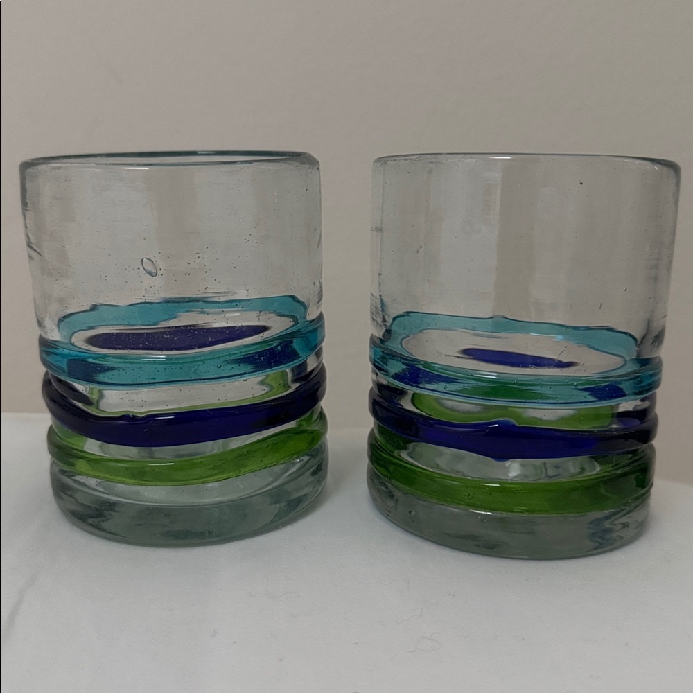 MEXICO HANDBLOWN GLASSES EUC 2 SET 12 oz Cobalt Blue Aqua Green STRIPES Barware